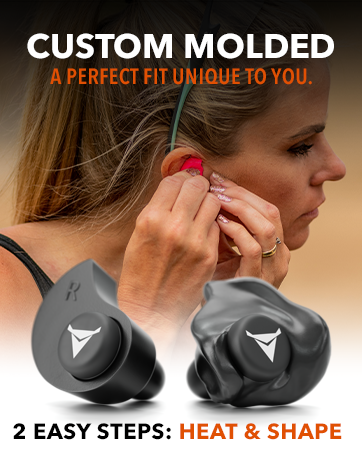 A woman with custom-molded earbuds formed for comfort and a perfect fit in 2 steps: heat and shape