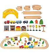 60Pcs Train Set for 3 Year Old Boys, Double-Side Wooden Train Set Tracks for Toddlers, Fits Brio,...