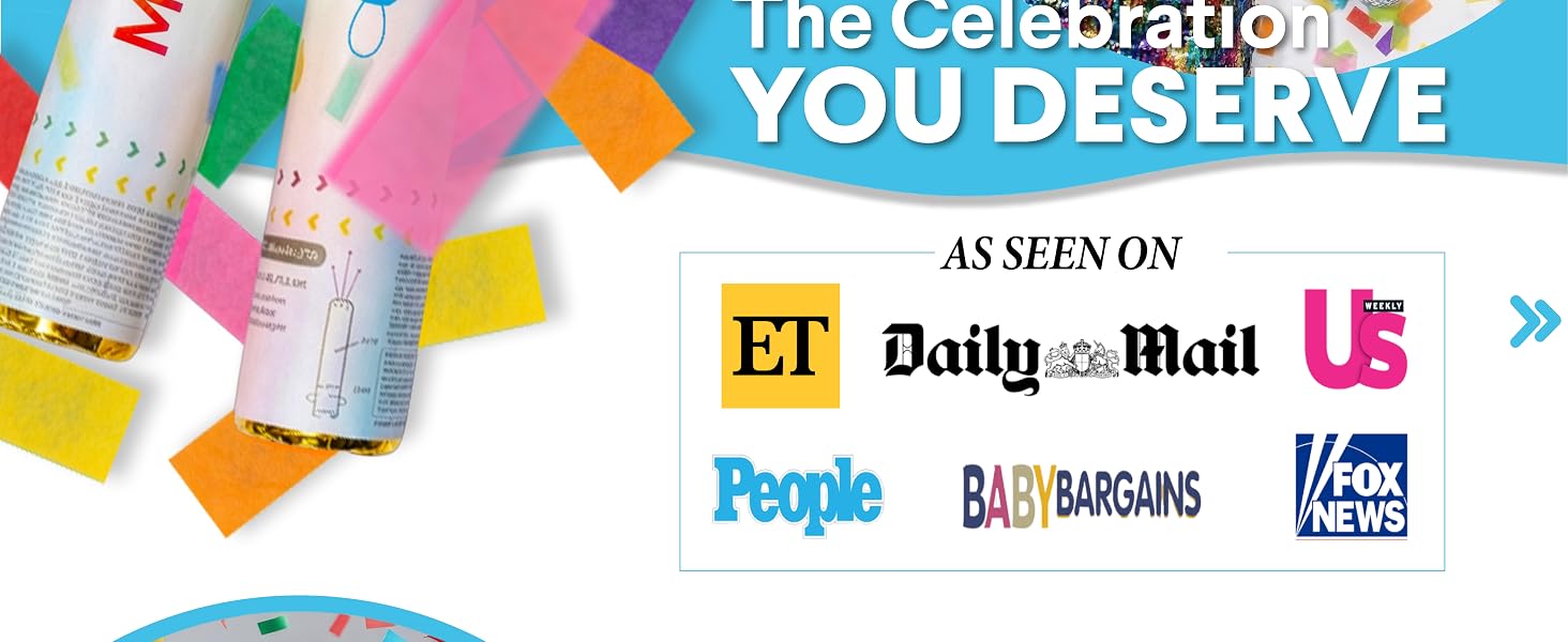 Colorful confetti cannons and media logos as seen on ET, Daily Mail, People, Fox News, Us weekly