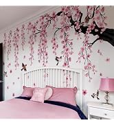 Lilacanthara Large Cherry Blossom Tree Wall Stickers,4 Sheets Spring Pink Flower Bird Wall Decals...