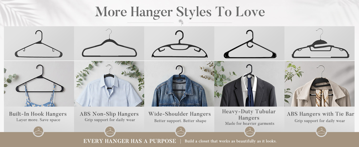 Wide assortment of durable hangers, neatly arranged by style and function for easy choice