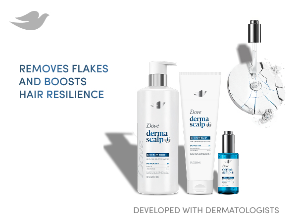 Dove DermaScalp full system (shampoo, conditioner & serum), dropper over dry surface next to text.