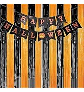 2 Pack Halloween Party Decorations Foil Fringe Curtains Black Orange Tinsel Fringe Curtains with ...