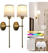 JIMUBEAM Battery Operated Sconces Wall Lighting Fixture Set of 2 with Linen Fabric Shade, RGB Col...