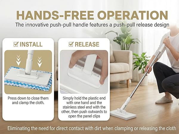 Snap Grip Mini Mop, Zero Touch Cloth Changing Mop with Automatic Push Pull Handle
