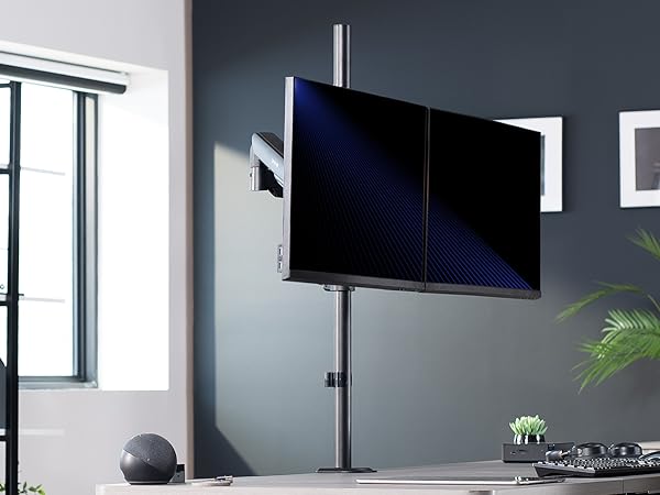 dual monitor stand vertical stack desk mount gas spring arm tall pole vesa bracket riser black