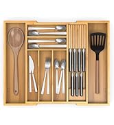 Thalomely Bamboo Kitchen Drawer Organizer, Expandable Utensil Organizer with Removable Knife Bloc...
