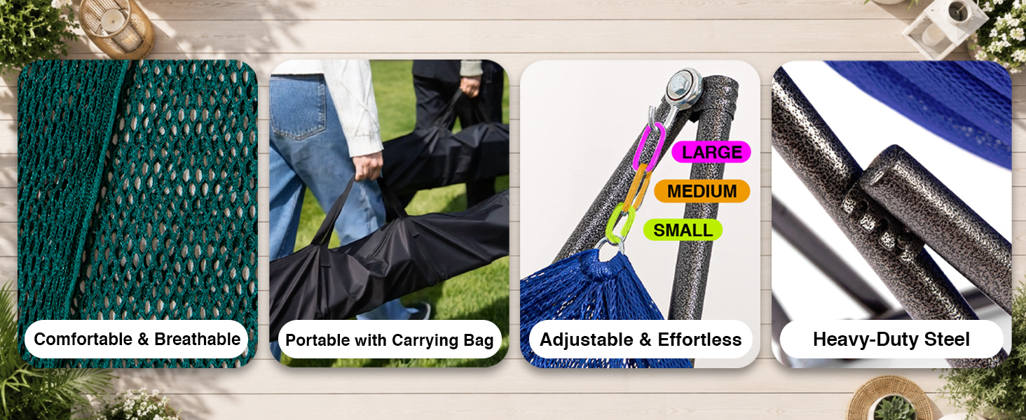 Hammock features: breathable fabric, carrying bag, adjustable height, and heavy-duty steel