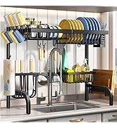 Over The Sink Dish Drying Rack, Adjustable (25.5 to 33.5 inch) 2 Tier Metal Steel Dish Drying Rac...