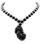 vv8oo Bian Stone Necklace Pi Xiu Pendant Pi Yao Black Beads Pixiu Lucky Chinese Fengshui Hikyuu f...