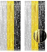 PIGETALE, 2 Pack 3.2x8.2 Feet Silver Black and Gold Tinsel Foil Fringe Curtains Streamers Backdro...