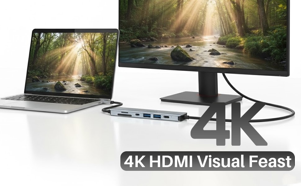 4K HDMI output USB C hub connected to laptop and external monitor showing extended display