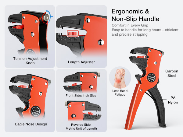 The handle is non-slip, comfortable to the touch, and ergonomically designed