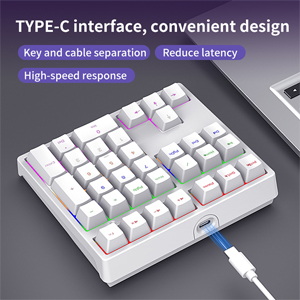 Text reads 'TYPE-C Interface, convenient design' and 'Key and cable separation'. White mechanical keyboard segment showing USB-C port connection and detachable cable feature.