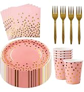Sveikie 160pcs Pink and gold dot paper disposable party tableware 7 inch paper plates napkins pap...