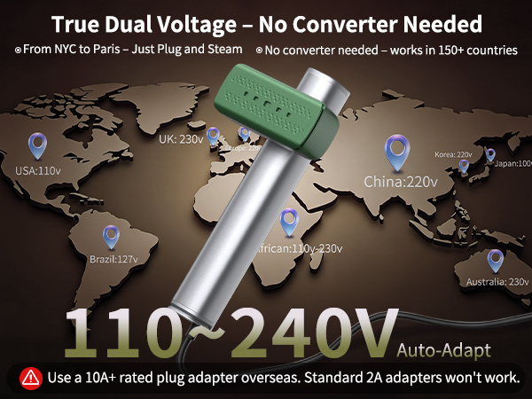 true dual voltage 110-240V green travel steamer for clothes europe, perfect for worldwide travel