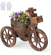 Giantex Wooden Wagon Planter with Wheels, Rustic Wood Plant Stand with Drainage Hole for Flowers ...