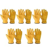 OZERO 5 Pairs Leather Work Gloves Flex Grip Tough Cowhide Gardening Glove for Wood Cutting/Constr...