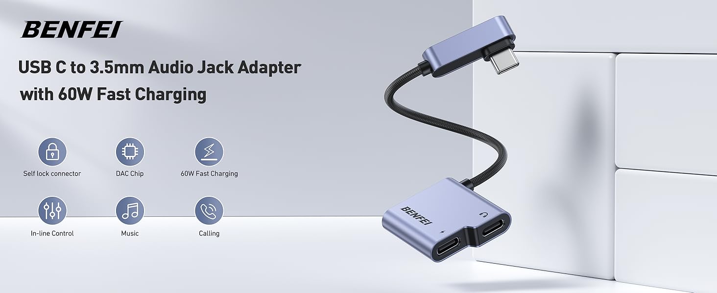BENFEI USB C Splitter 1 in 2 Out Dual USB C Audio Jack Adapter with 60W Fast Charging