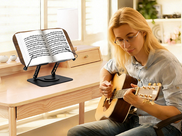 Multiple sequential images showing a book holder or stand in use, with reading material and guitar playing, demonstrating versatile positions on a wooden desk surface.