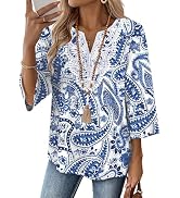 WIHOLL 3/4 Length Sleeve Womens Tops Boho V Neck Lace Shirts Trendy Blouses Dressy Casual Vacatio...