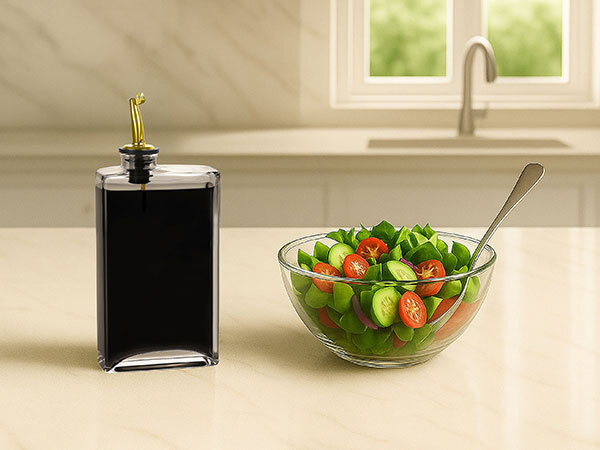 Glass dispenser filled with dark liquid beside fresh vegetable salad in glass bowl