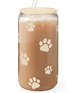 Paw Print 16oz Can Glass Tumbler with Acrylic Lid & Straw - Iced Coffee Cup for Women Cat Dog Mom...