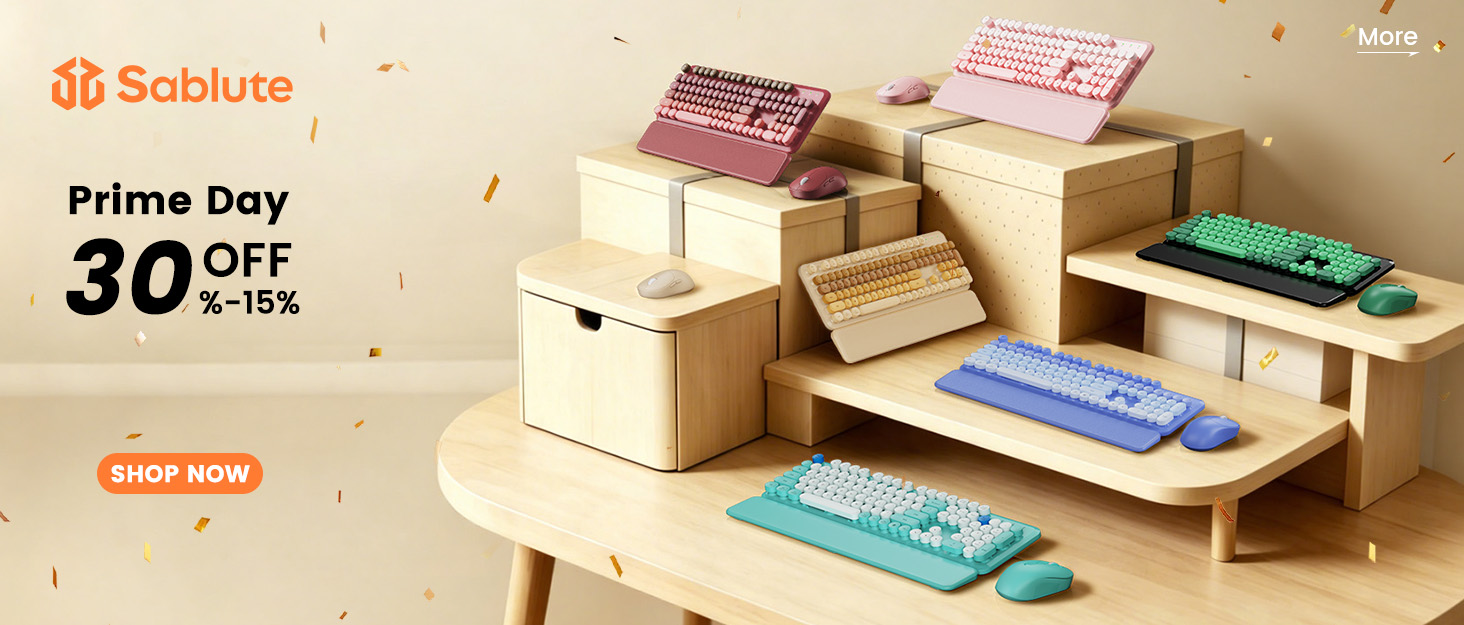 Sablute Prime Day banner featuring colorful retro wireless keyboard and mouse combos.