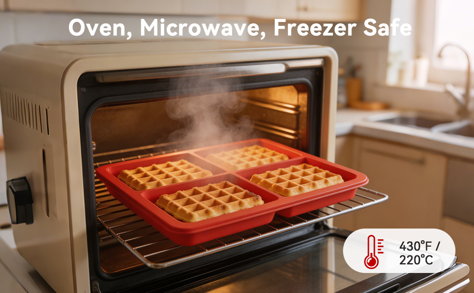 Text reads 'Oven, Microwave, Freezer Safe'. Red silicone baking mat with grid pattern inside toaster oven, showing temperature range 430°F/220°C.