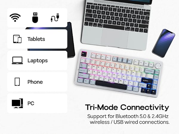 Text reads "Tablets", "Laptops", "Phone", "PC", and "Tri-Mode Connectivity - Support for Bluetooth 5.0 & 2.4GHz wireless / USB wired connections." Shows mechanical keyboard with laptop and mobile devices for multi-device connectivity.