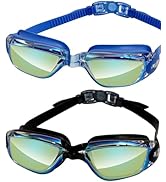 Yoocixu Swimming Goggles with Nose Clip and Ear Plugs, Anti-Fog Mirrored Lenses, Blue and Black
