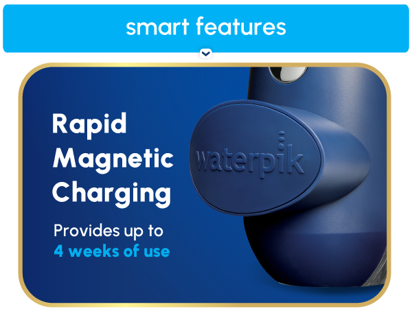 Image of Waterpik Cordless Advanced water flosser charger with text reading rapid magnetic charging.