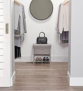 Single Seat Cushioned Bench placed inside walk-in closet under mirror