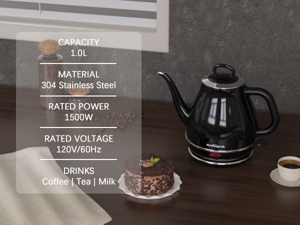 black gooseneck electric kettle1l, stainless steel, coffee / tea / milk / oats, etc.