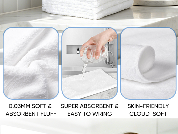 0.03MM SOFT &ABSORBENT FLUFF,SUPER ABSORBENT & EASY TO WRING,SKIN-FRIENDLY CLOUD-SOFT