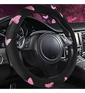 Car Pass Pink Embroidery Butterfly Steering Wheel Cover, Universal 15 Inch Car Wheel Cover for Wo...