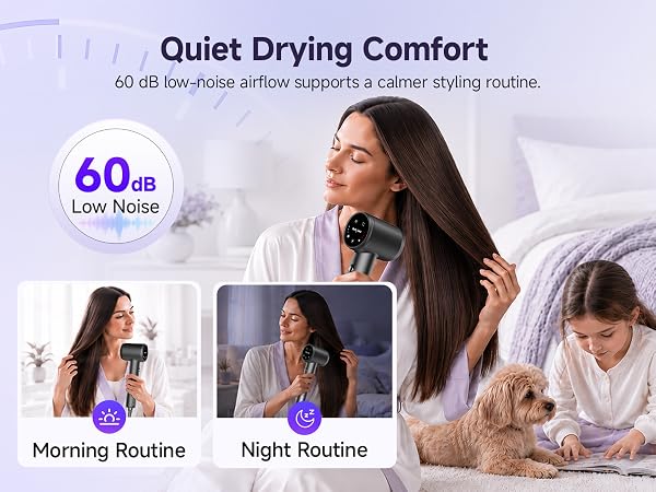 Quiet hair dryer with low-noise airflow for daily routines