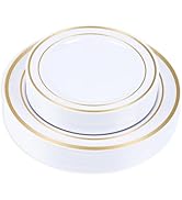 HOME BREEZE Gold Rim Plastic Plates Set of 60 Count, Disposable Plates with Gold Rim 30 Dinner Pl...