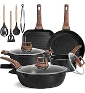 Kikcoin 16Pcs Ceramic Pots and Pans Set Non Stick, Includes a 9.5" Grill Pan, Induction Kitchen C...