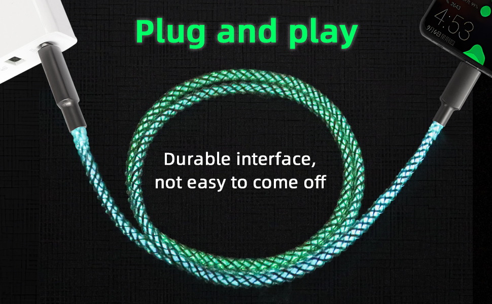 Text reads 'Plug and play' and 'Durable interface, not easy to come off'. Gaming cable with glowing green braided design against black background.