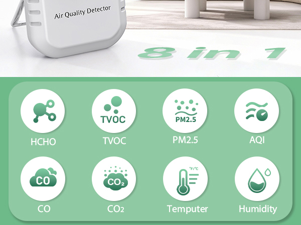 air quality monitor formaldehyde hcho tvoc voc co2 pm2.5 aqi meter detector alarm tester home indoor