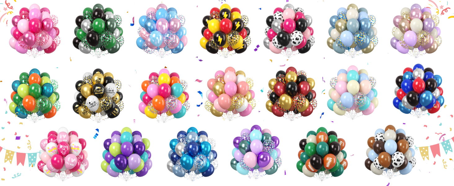 Colorful assortment of balloon bunches displaying various themes and color combinations. Each bunch contains multiple latex balloons in solid colors, patterns, and metallic finishes.