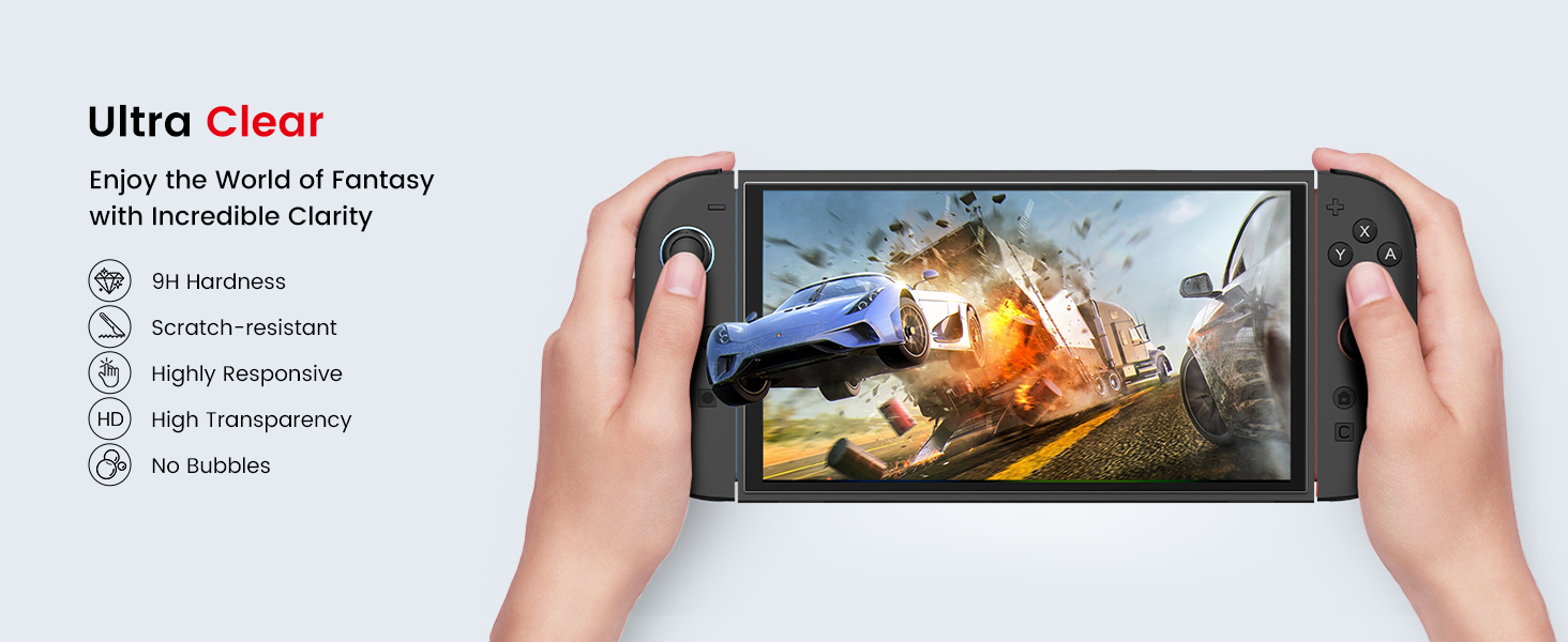Handheld gaming device with large screen displaying action game. Device features side controls and emphasizes clarity. Text highlights features including HDR, refresh rate, and night mode.