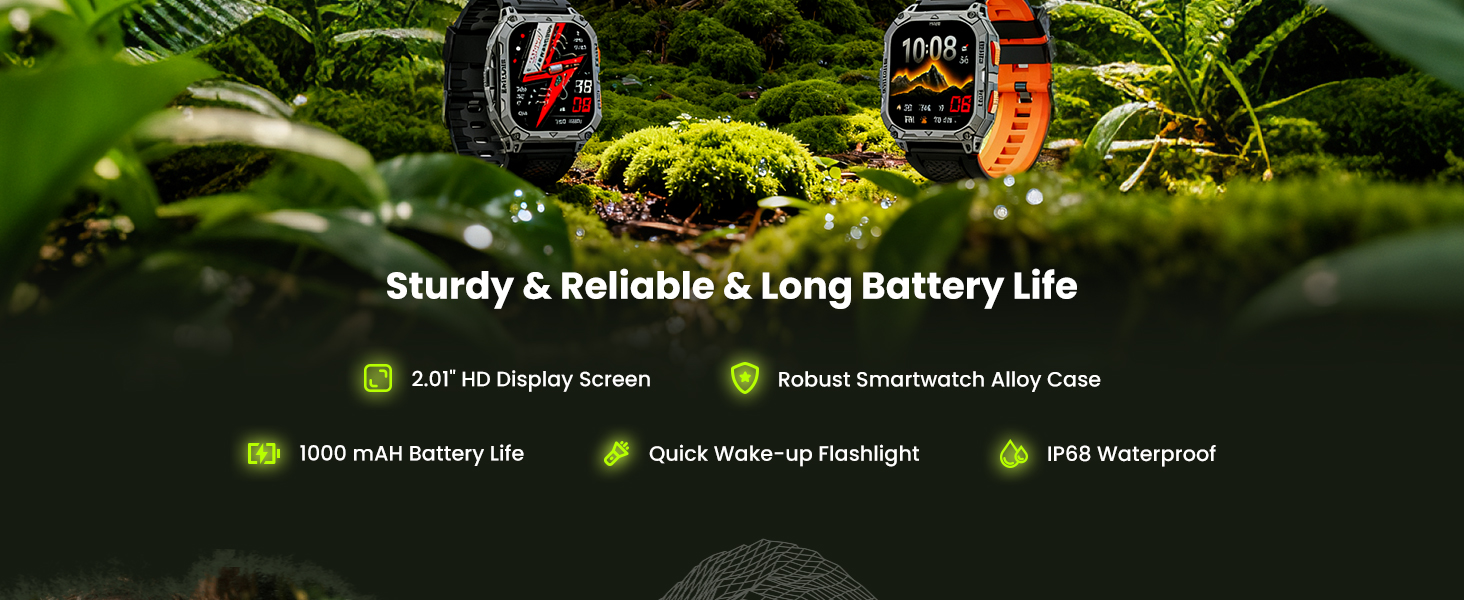 Text reads 'Sturdy & foldable, long battery life'. Green nature background with interface elements and status indicators.