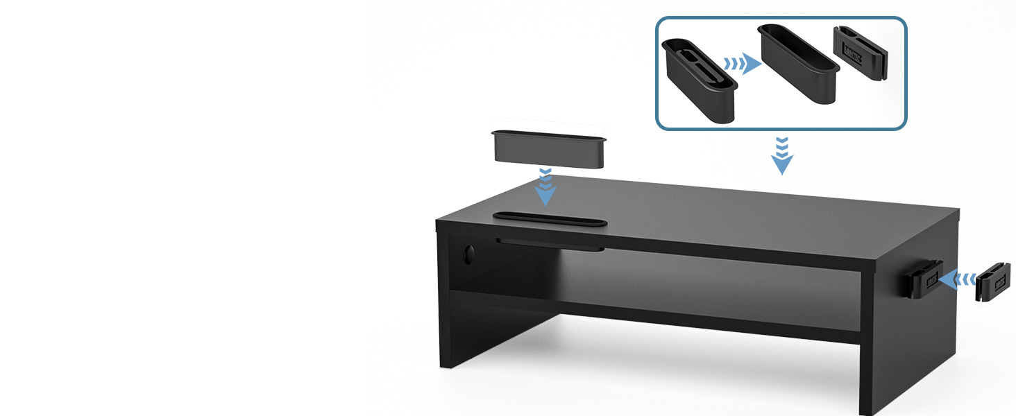 a black desk with a blue speaker on top.