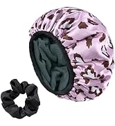 Yonchic Pink Loving Print Satin Shower Cap, Three-Layer Terry Cloth Lined, with Silk Hair Ties, M...