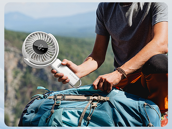 Series of lifestyle shots showing a portable USB-powered fan being used outdoors. Device appears compact and clips onto clothing or surfaces for hands-free operation.