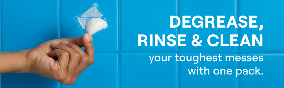 Degrease, rinse, and clean your toughest messes with one pack. Hand holds a dish pack over blue back