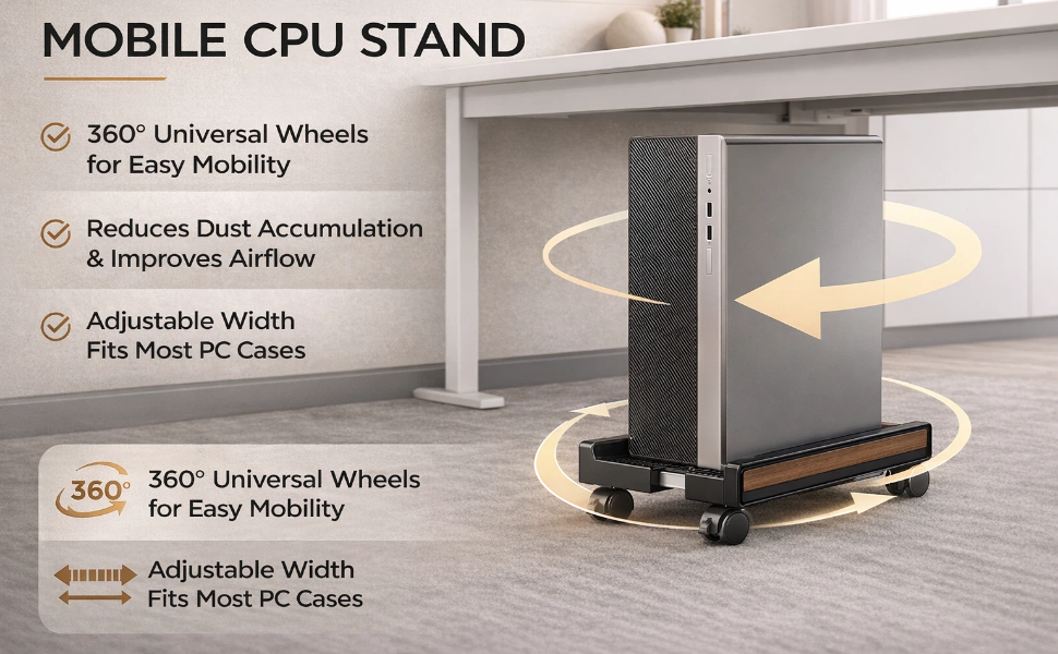360° wheels, adj width, ventilated reduces dust & boosts airflow. Under-desk accessible protected.