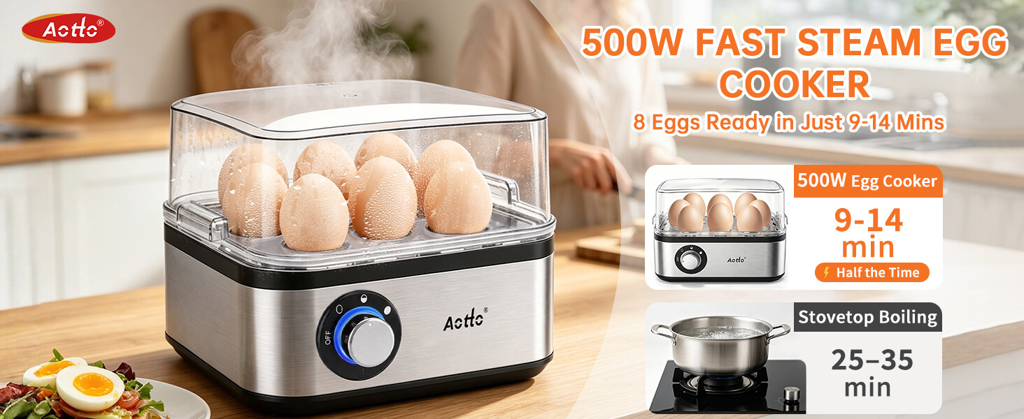 Text reads: 'Aelo 500W FAST STEAM EGG COOKER', 'Healthy & Delicious', '9-14 Eggs', 'Electric Cooker', '25-35 Minutes'. Stainless steel and black electric egg cooker with dial control, transparent glass top chamber, shown with eggs displayed.